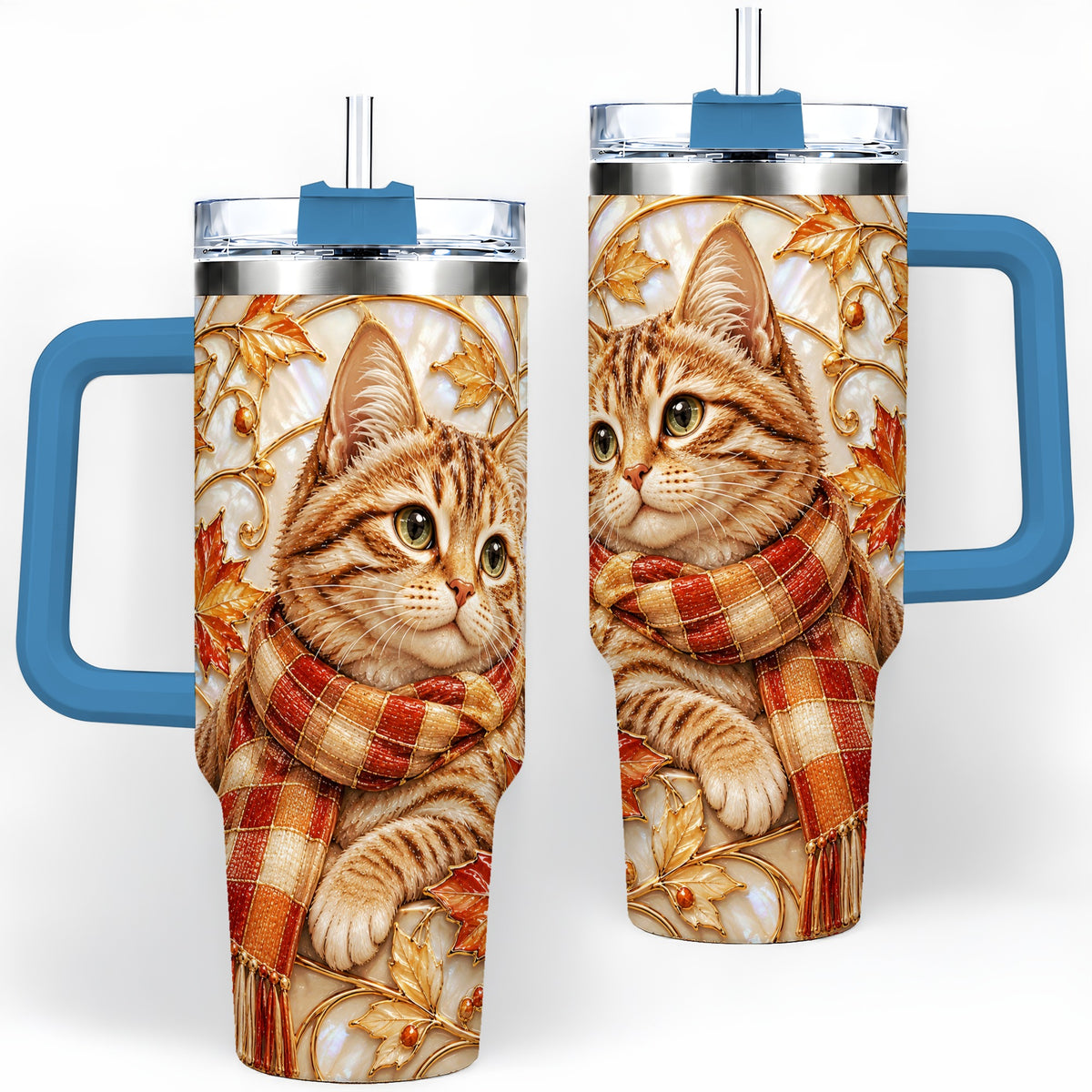 #pl[40oz|Blue] Cozy Autumn Tabby Cat 40oz Tumbler, Fall Scarf Artwork for Cat Lovers