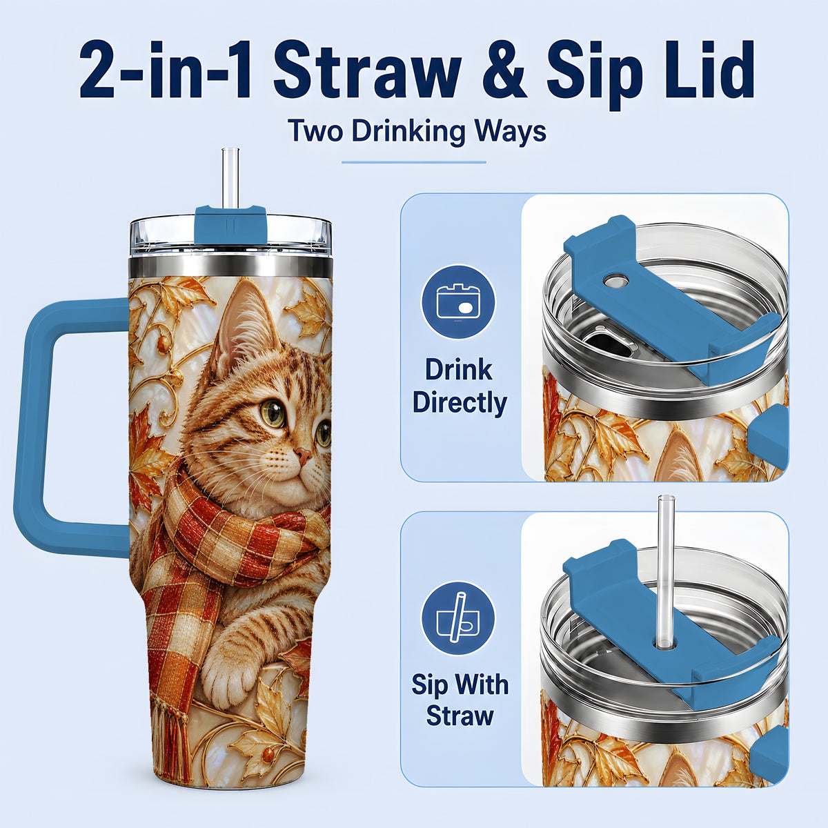 #pl[40oz|Blue] Cozy Autumn Tabby Cat 40oz Tumbler, Fall Scarf Artwork for Cat Lovers