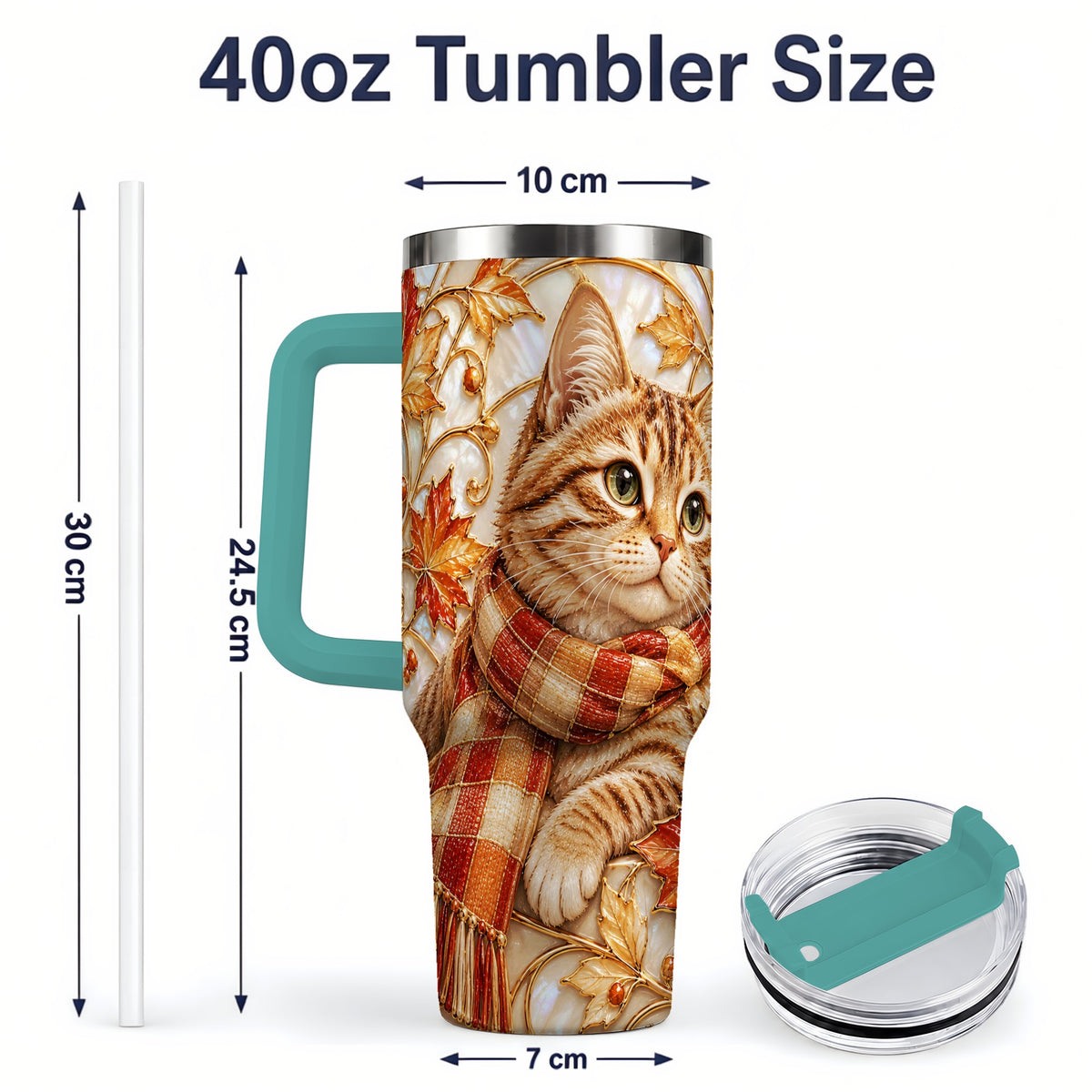 #pl[40oz|Green] Cozy Autumn Tabby Cat 40oz Tumbler, Fall Scarf Artwork for Cat Lovers