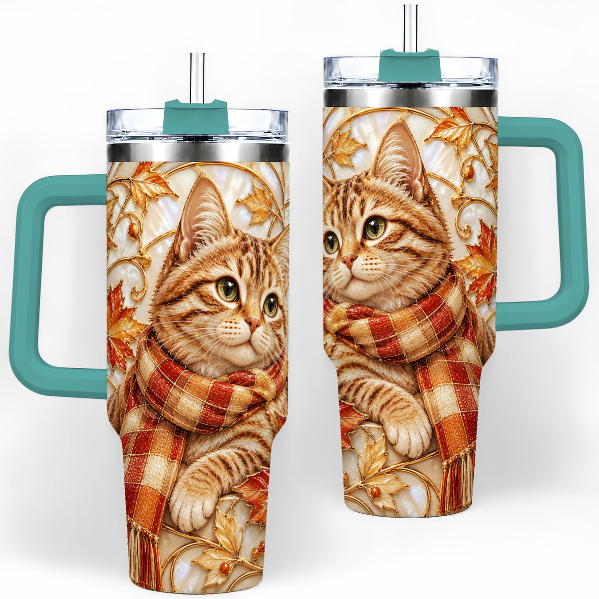 #pl[40oz|Green] Cozy Autumn Tabby Cat 40oz Tumbler, Fall Scarf Artwork for Cat Lovers