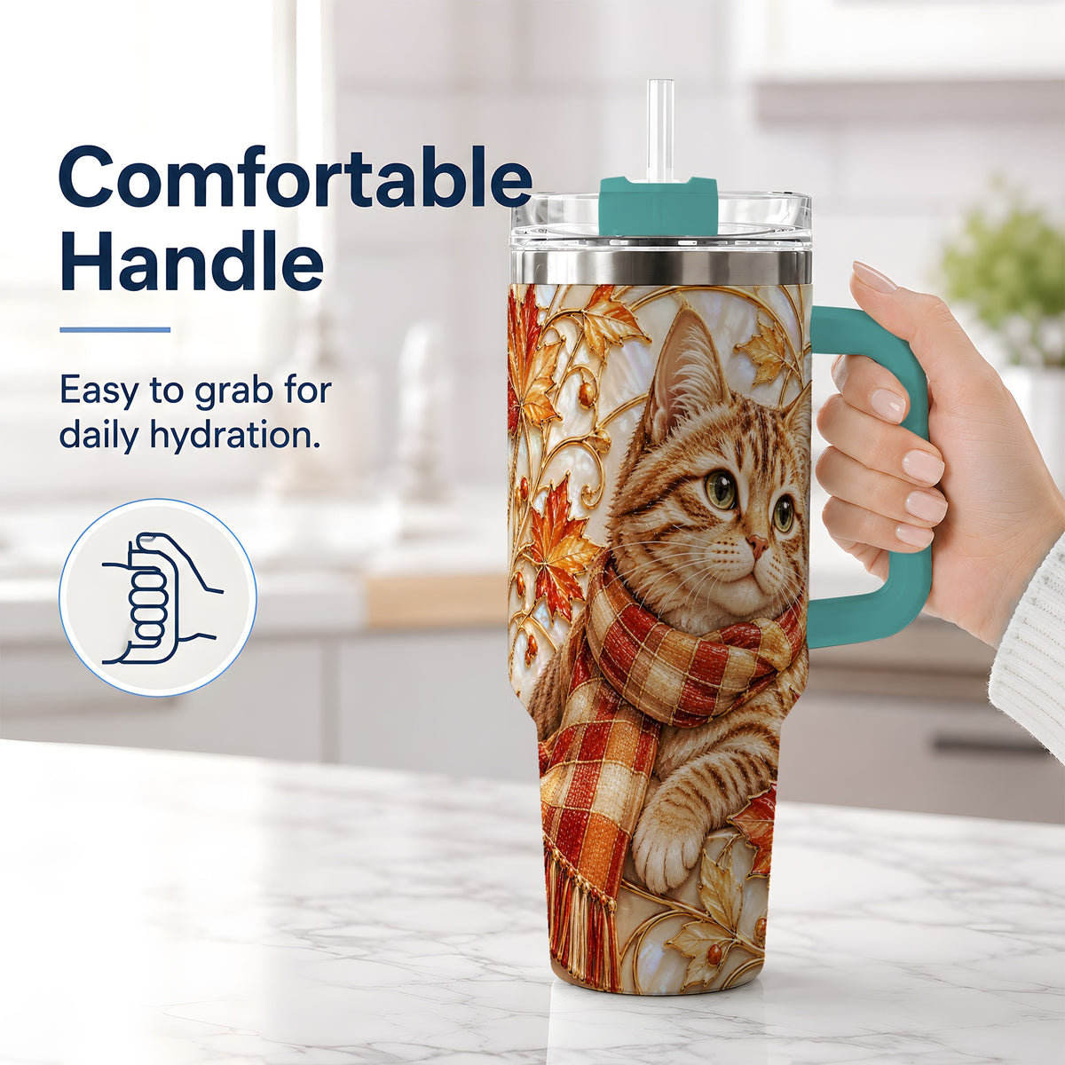 #pl[40oz|Green] Cozy Autumn Tabby Cat 40oz Tumbler, Fall Scarf Artwork for Cat Lovers