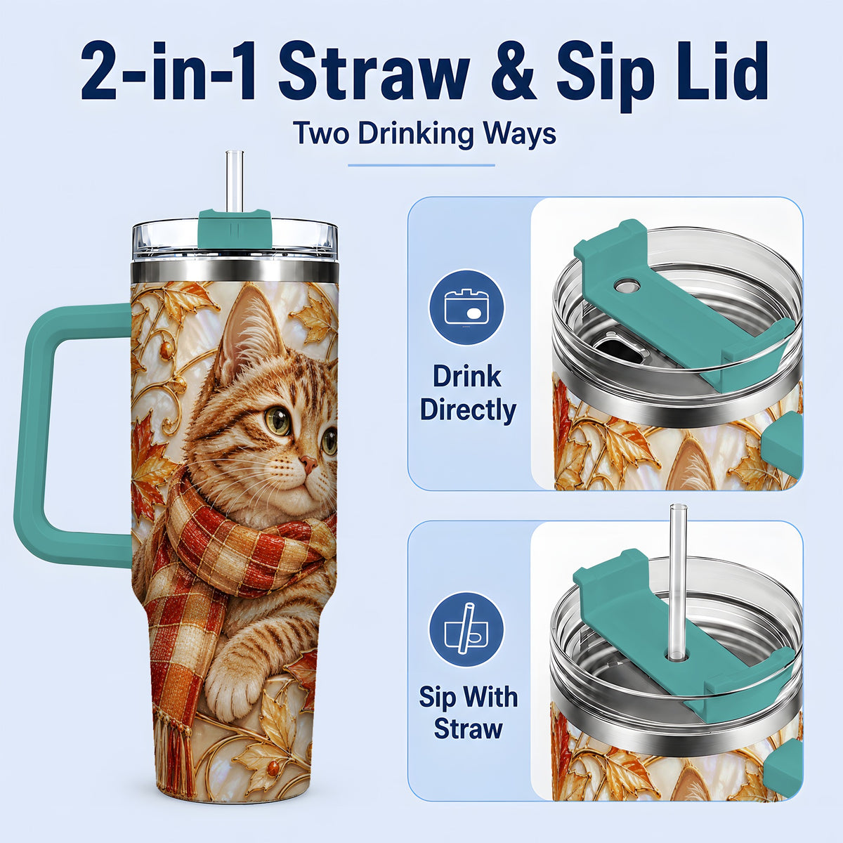#pl[40oz|Green] Cozy Autumn Tabby Cat 40oz Tumbler, Fall Scarf Artwork for Cat Lovers