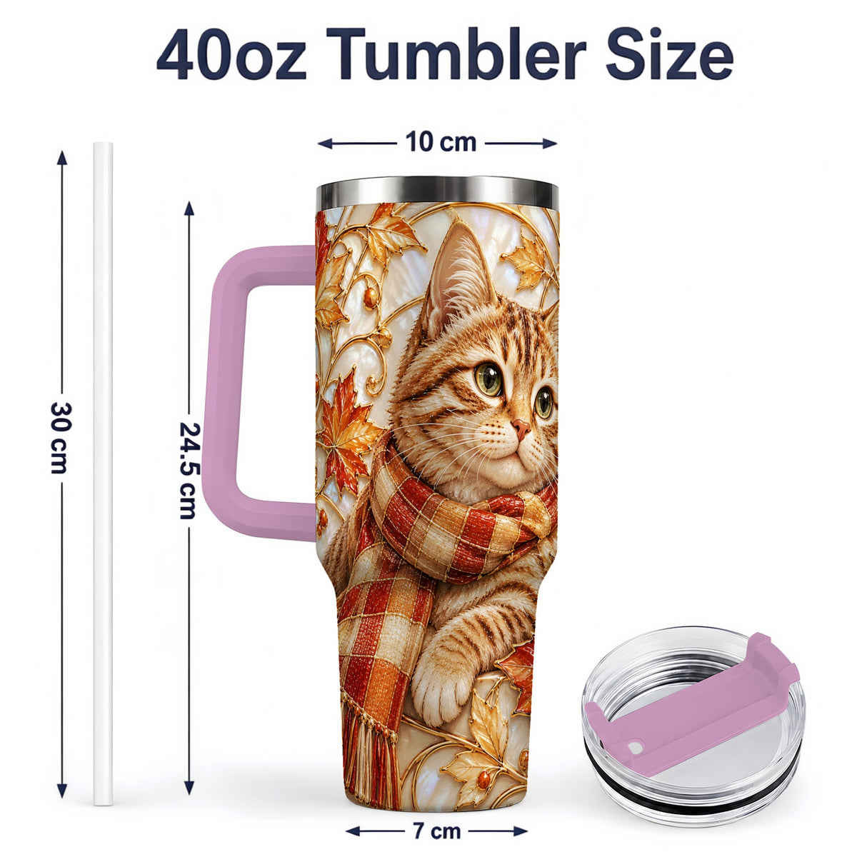 #pl[40oz|Pink] Cozy Autumn Tabby Cat 40oz Tumbler, Fall Scarf Artwork for Cat Lovers