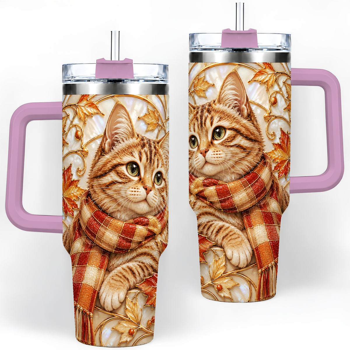 #pl[40oz|Pink] Cozy Autumn Tabby Cat 40oz Tumbler, Fall Scarf Artwork for Cat Lovers