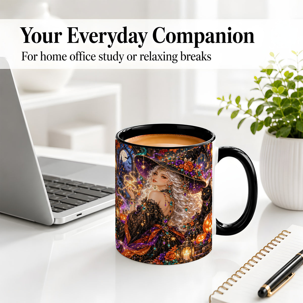 #pl[11oz|Black] Halloween Witch Ceramic Mug with Black Cat and Pumpkin Artwork
