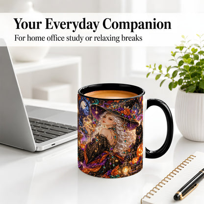 #pl[11oz|Black] Halloween Witch Ceramic Mug with Black Cat and Pumpkin Artwork