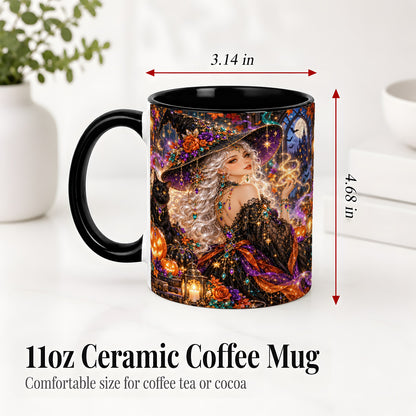 #pl[11oz|Black] Halloween Witch Ceramic Mug with Black Cat and Pumpkin Artwork