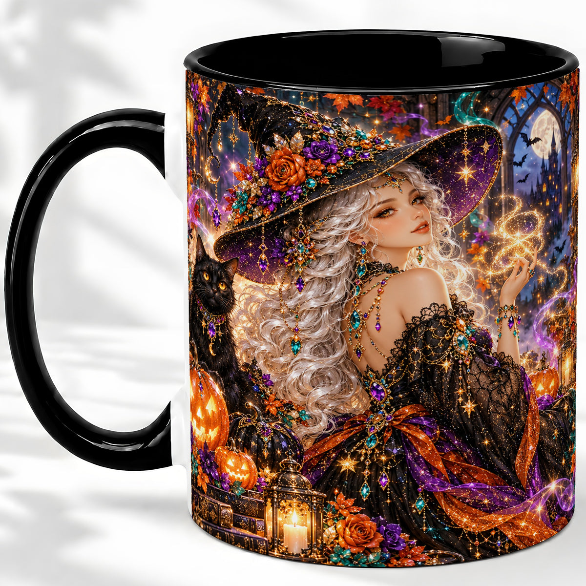 #pl[11oz|Black] Halloween Witch Ceramic Mug with Black Cat and Pumpkin Artwork