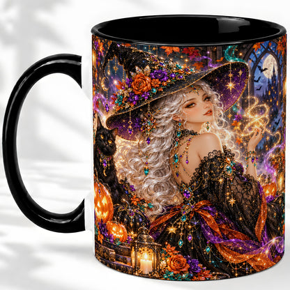 #pl[11oz|Black] Halloween Witch Ceramic Mug with Black Cat and Pumpkin Artwork