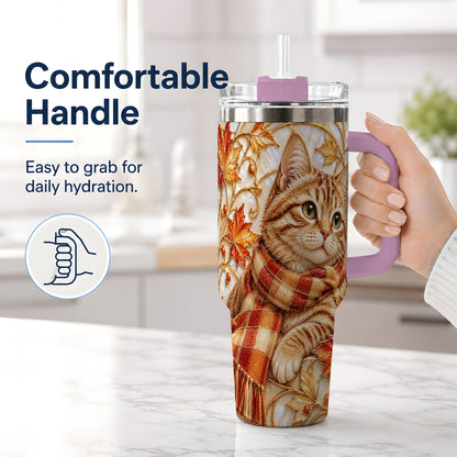 #pl[40oz|Pink] Cozy Autumn Tabby Cat 40oz Tumbler, Fall Scarf Artwork for Cat Lovers