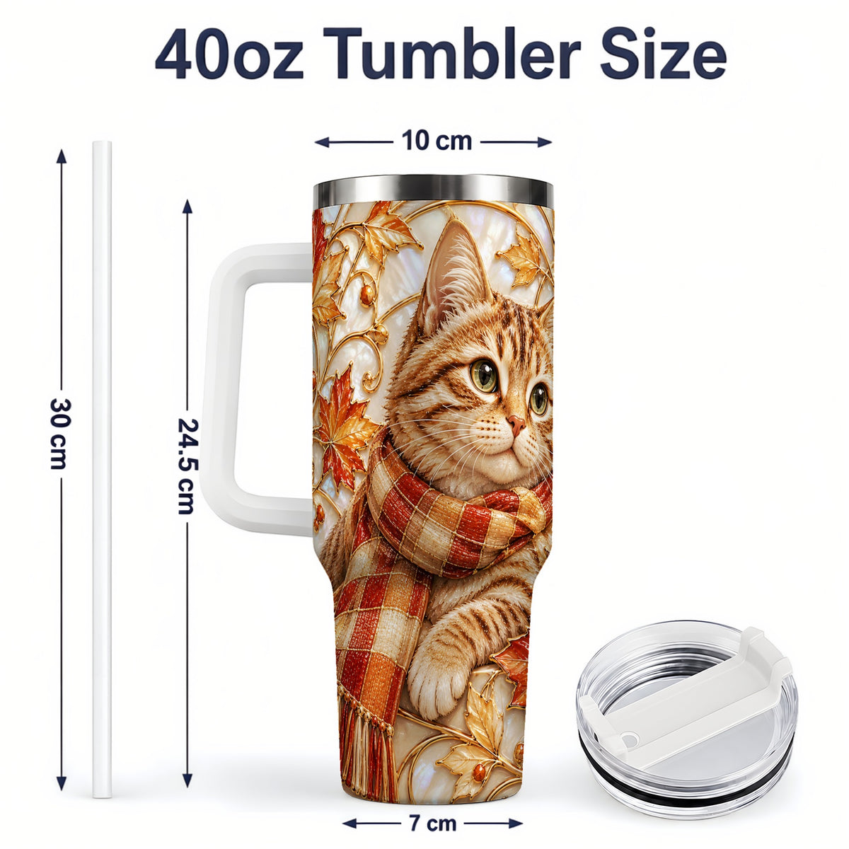 #pl[40oz|White] Cozy Autumn Tabby Cat 40oz Tumbler, Fall Scarf Artwork for Cat Lovers