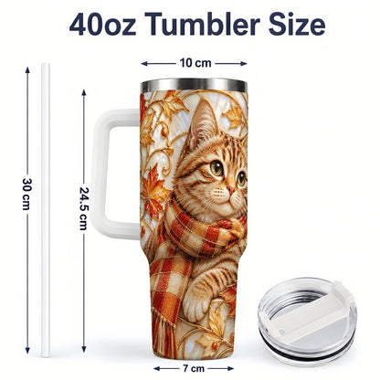 #pl[40oz|White] Cozy Autumn Tabby Cat 40oz Tumbler, Fall Scarf Artwork for Cat Lovers