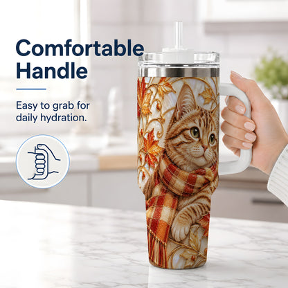 #pl[40oz|White] Cozy Autumn Tabby Cat 40oz Tumbler, Fall Scarf Artwork for Cat Lovers