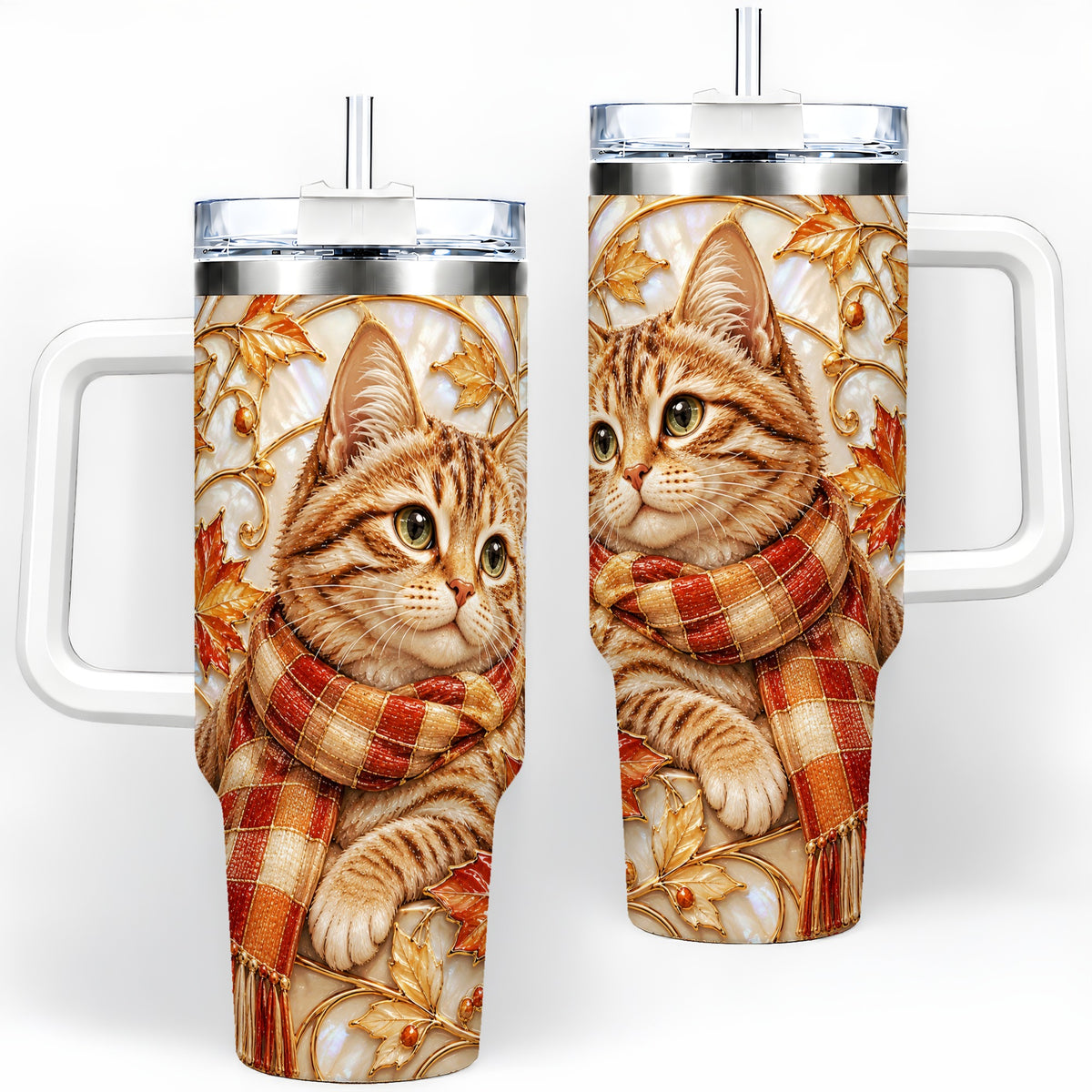 Cozy Autumn Tabby Cat 40oz Tumbler, Fall Scarf Artwork for Cat Lovers