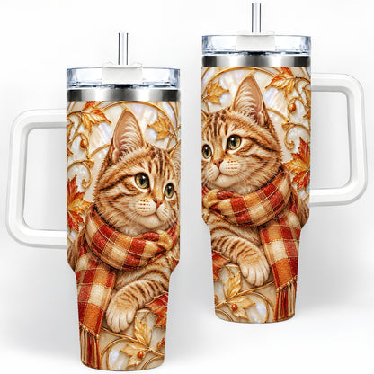 Cozy Autumn Tabby Cat 40oz Tumbler, Fall Scarf Artwork for Cat Lovers
