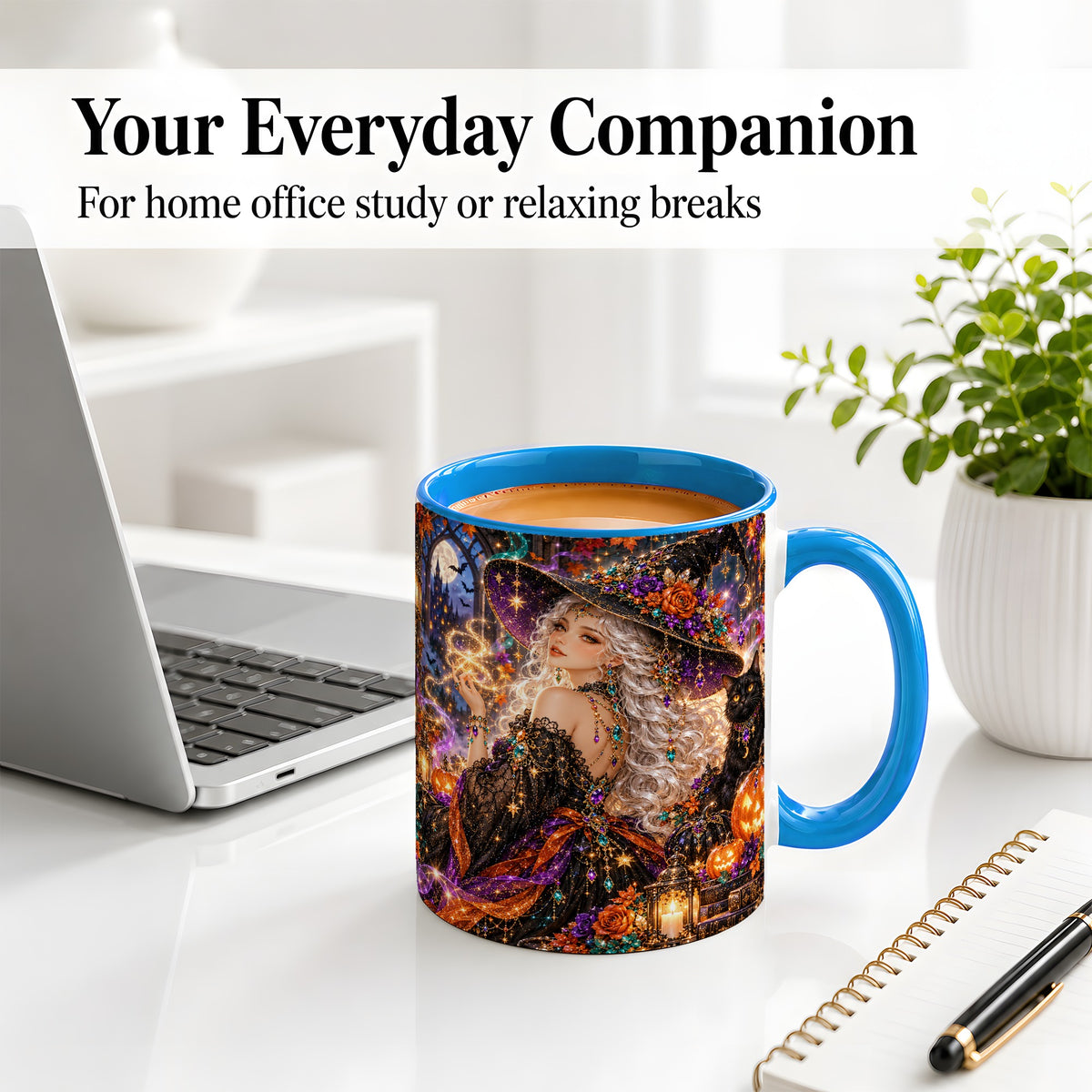 #pl[11oz|Blue] Halloween Witch Ceramic Mug with Black Cat and Pumpkin Artwork