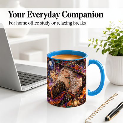 #pl[11oz|Blue] Halloween Witch Ceramic Mug with Black Cat and Pumpkin Artwork