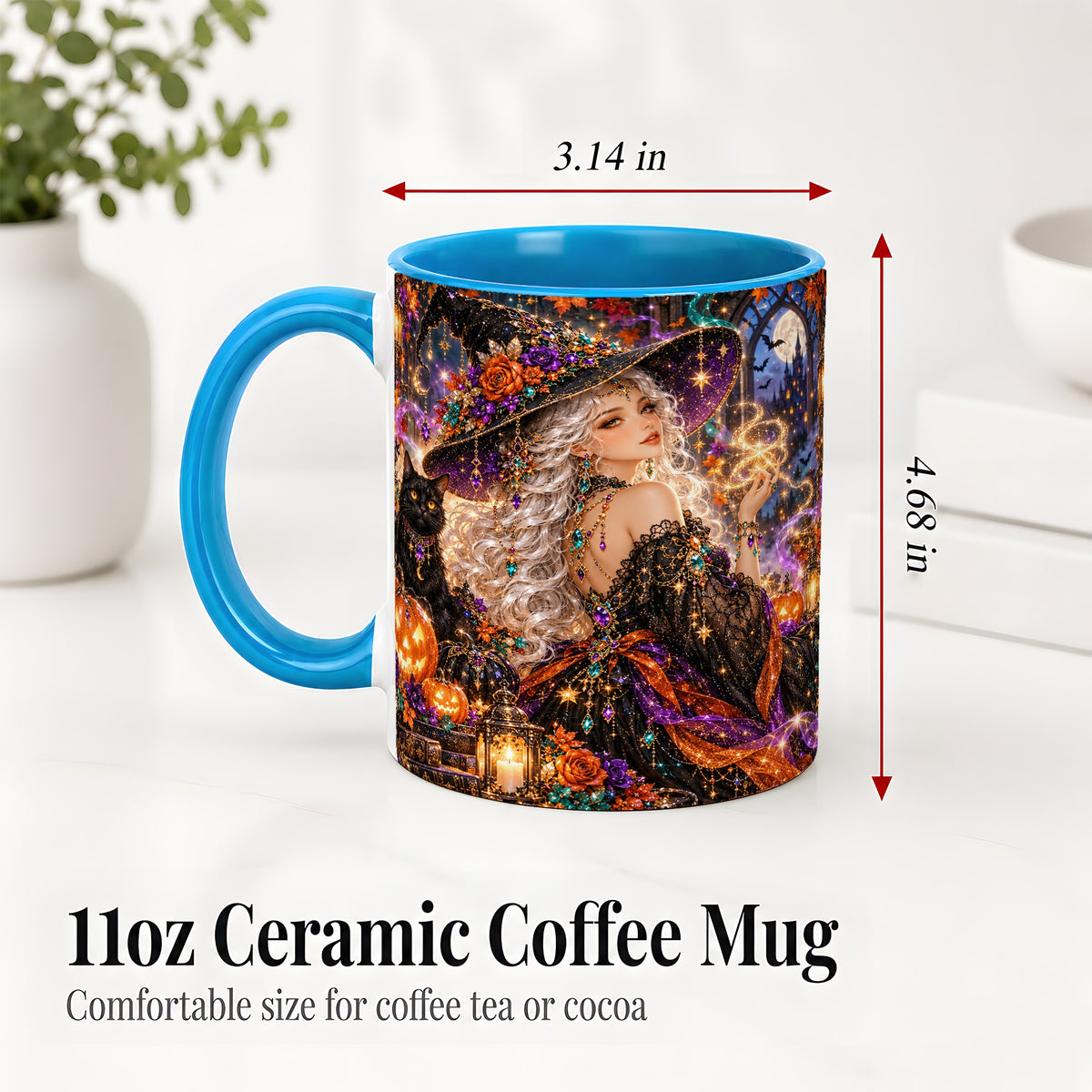 #pl[11oz|Blue] Halloween Witch Ceramic Mug with Black Cat and Pumpkin Artwork