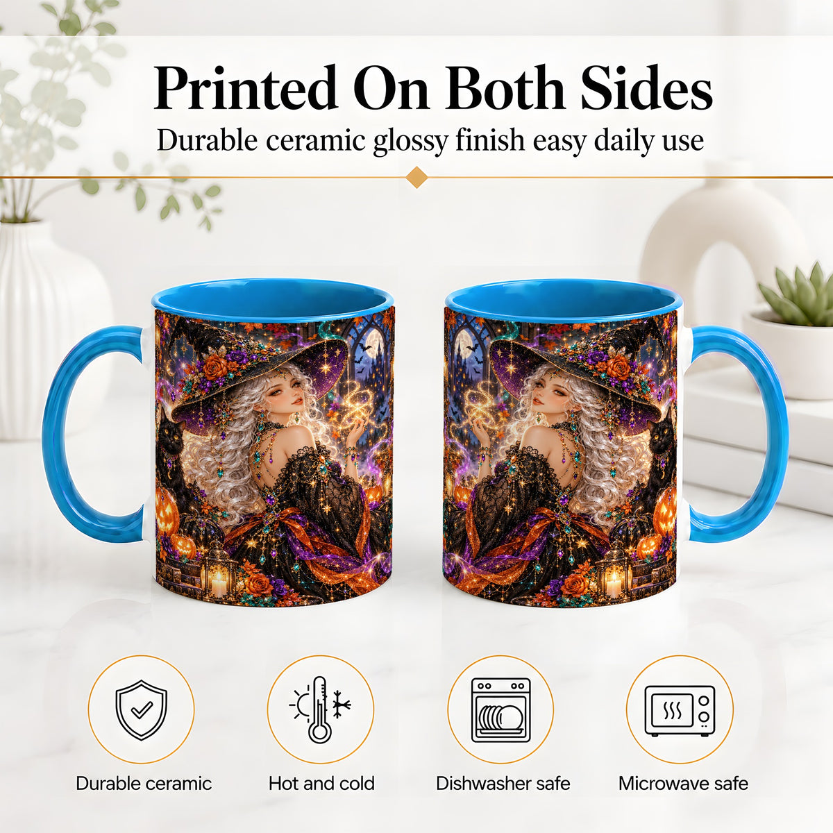 #pl[11oz|Blue] Halloween Witch Ceramic Mug with Black Cat and Pumpkin Artwork