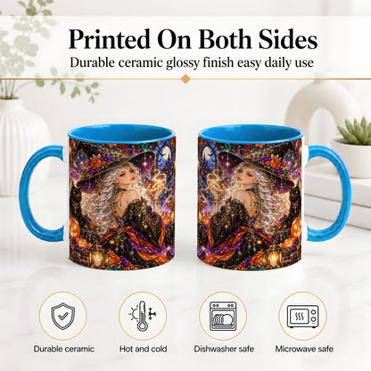 #pl[11oz|Blue] Halloween Witch Ceramic Mug with Black Cat and Pumpkin Artwork