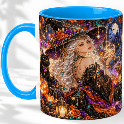 #pl[11oz|Blue] Halloween Witch Ceramic Mug with Black Cat and Pumpkin Artwork
