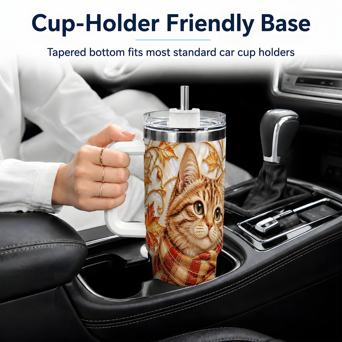 #pl[40oz|White] Cozy Autumn Tabby Cat 40oz Tumbler, Fall Scarf Artwork for Cat Lovers