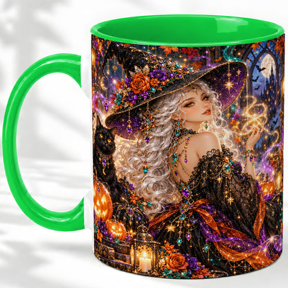 #pl[11oz|Green] Halloween Witch Ceramic Mug with Black Cat and Pumpkin Artwork