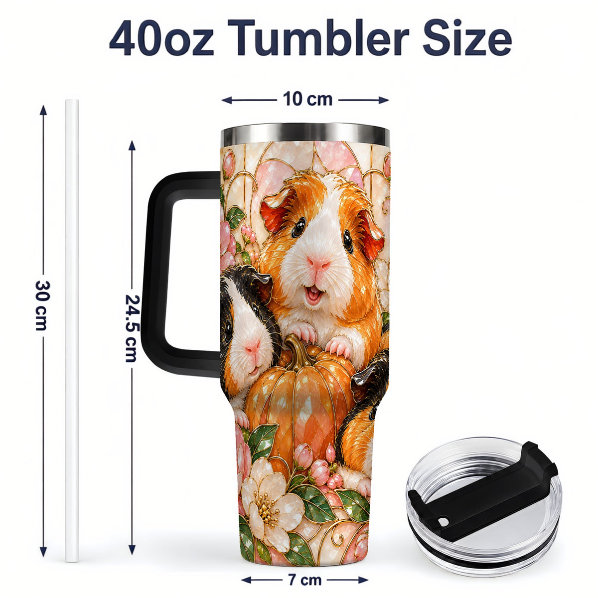 #pl[40oz|Black] Fall Guinea Pig 40oz Tumbler, Pumpkin Floral Artwork for Pet Lovers