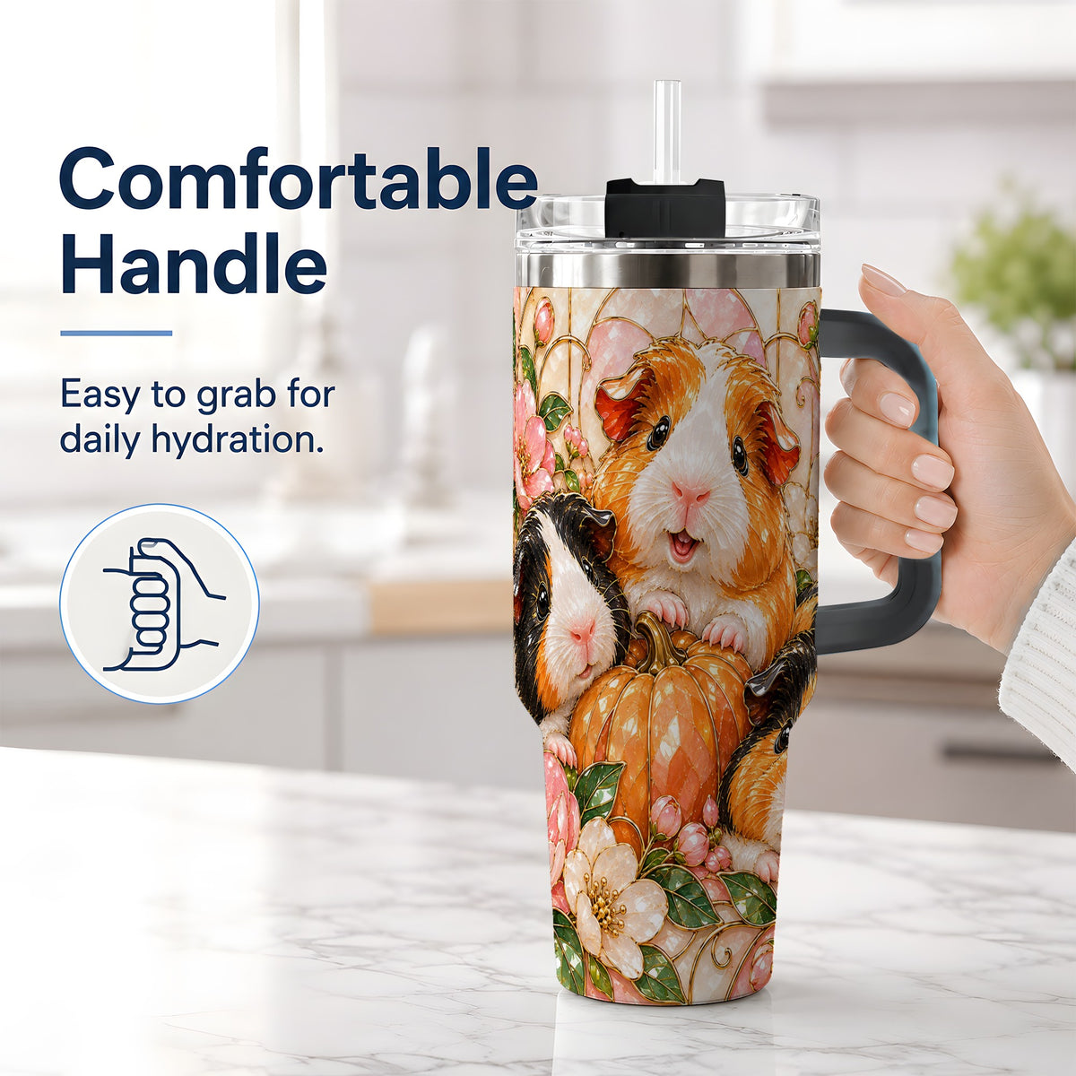 #pl[40oz|Black] Fall Guinea Pig 40oz Tumbler, Pumpkin Floral Artwork for Pet Lovers