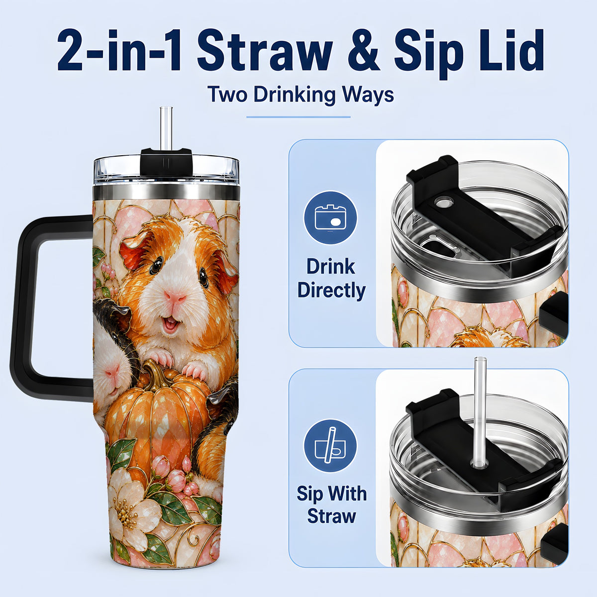 #pl[40oz|Black] Fall Guinea Pig 40oz Tumbler, Pumpkin Floral Artwork for Pet Lovers