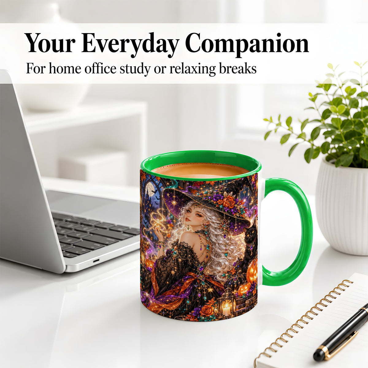 #pl[11oz|Green] Halloween Witch Ceramic Mug with Black Cat and Pumpkin Artwork