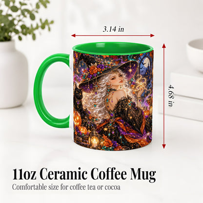 #pl[11oz|Green] Halloween Witch Ceramic Mug with Black Cat and Pumpkin Artwork