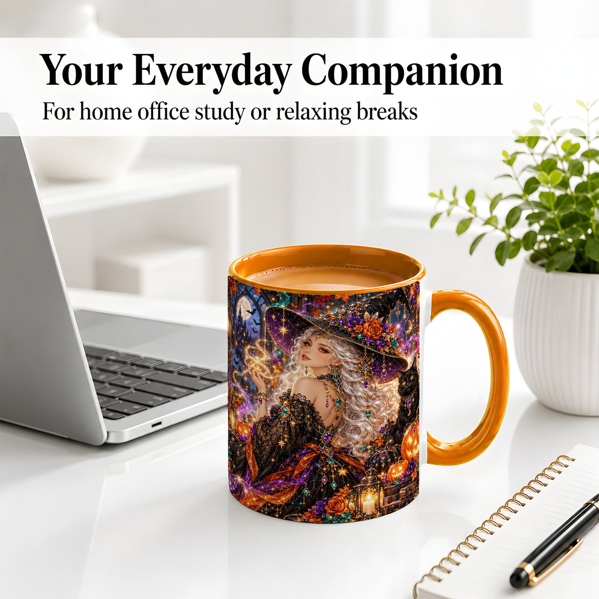 #pl[11oz|Orange] Halloween Witch Ceramic Mug with Black Cat and Pumpkin Artwork