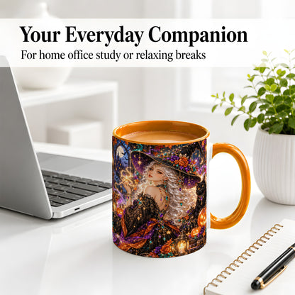 #pl[11oz|Orange] Halloween Witch Ceramic Mug with Black Cat and Pumpkin Artwork
