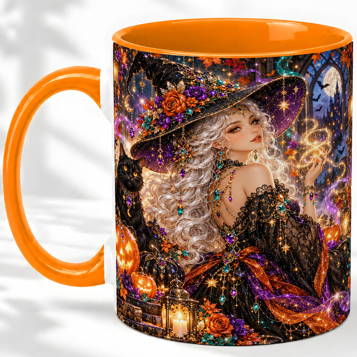 #pl[11oz|Orange] Halloween Witch Ceramic Mug with Black Cat and Pumpkin Artwork