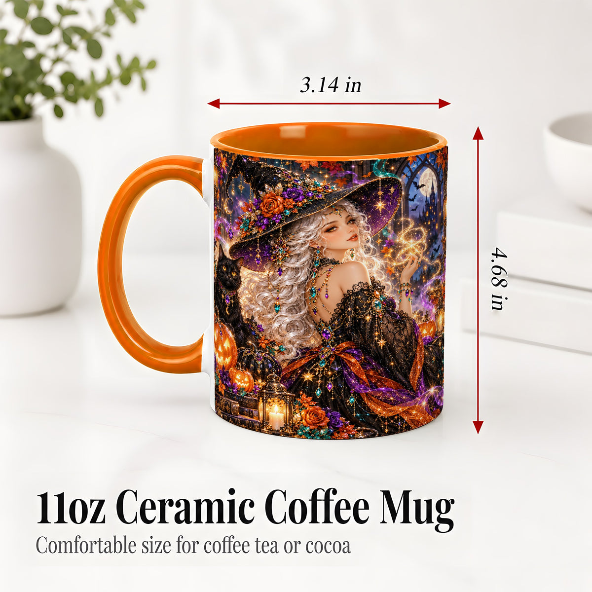 #pl[11oz|Orange] Halloween Witch Ceramic Mug with Black Cat and Pumpkin Artwork