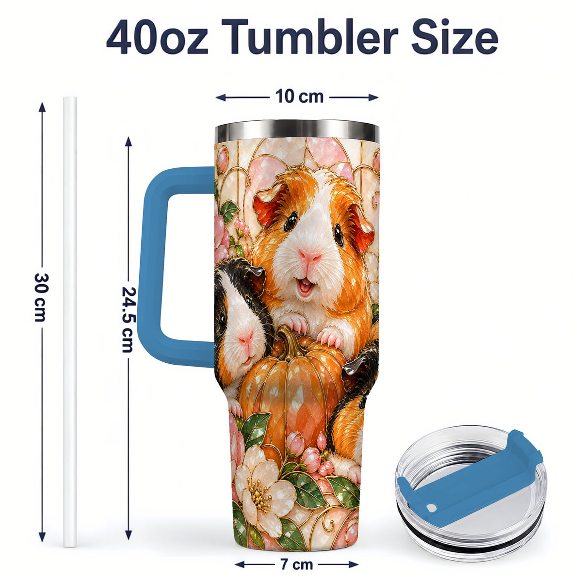 #pl[40oz|Blue] Fall Guinea Pig 40oz Tumbler, Pumpkin Floral Artwork for Pet Lovers