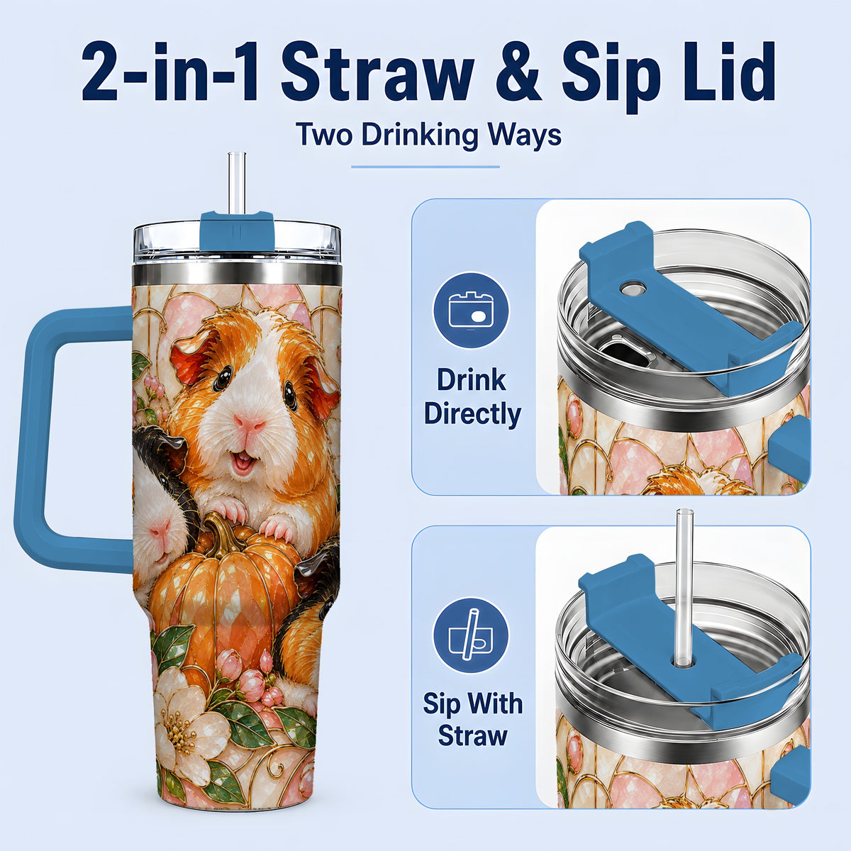 #pl[40oz|Blue] Fall Guinea Pig 40oz Tumbler, Pumpkin Floral Artwork for Pet Lovers