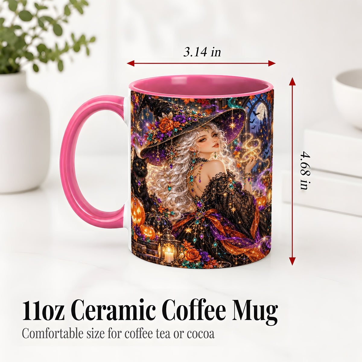 #pl[11oz|Pink] Halloween Witch Ceramic Mug with Black Cat and Pumpkin Artwork