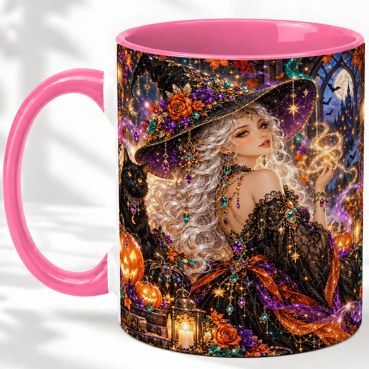 #pl[11oz|Pink] Halloween Witch Ceramic Mug with Black Cat and Pumpkin Artwork