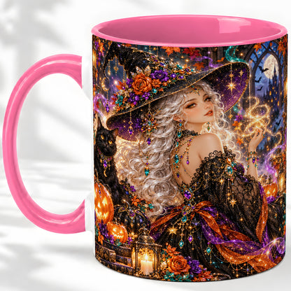 #pl[11oz|Pink] Halloween Witch Ceramic Mug with Black Cat and Pumpkin Artwork