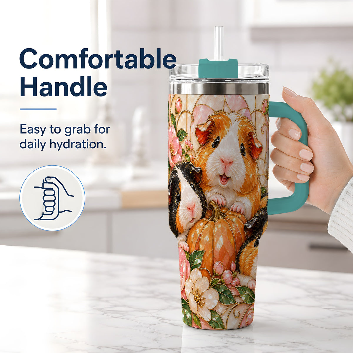 #pl[40oz|Green] Fall Guinea Pig 40oz Tumbler, Pumpkin Floral Artwork for Pet Lovers