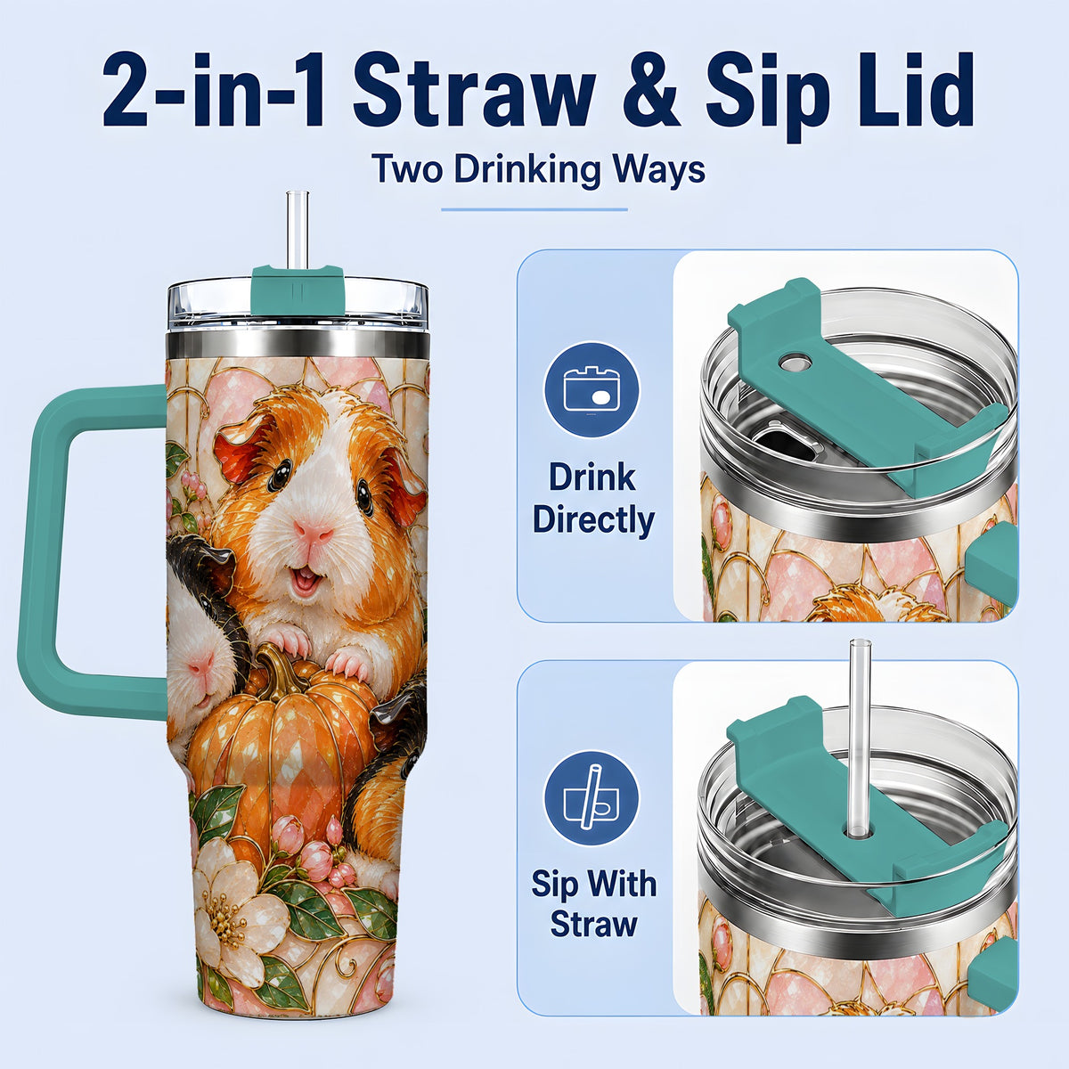 #pl[40oz|Green] Fall Guinea Pig 40oz Tumbler, Pumpkin Floral Artwork for Pet Lovers
