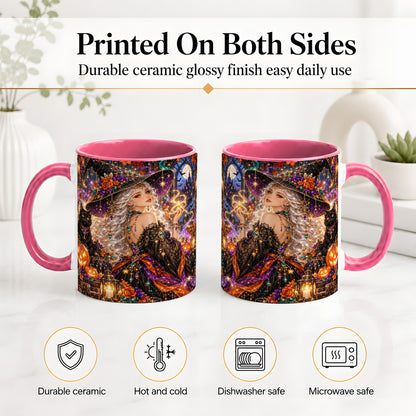 #pl[11oz|Pink] Halloween Witch Ceramic Mug with Black Cat and Pumpkin Artwork