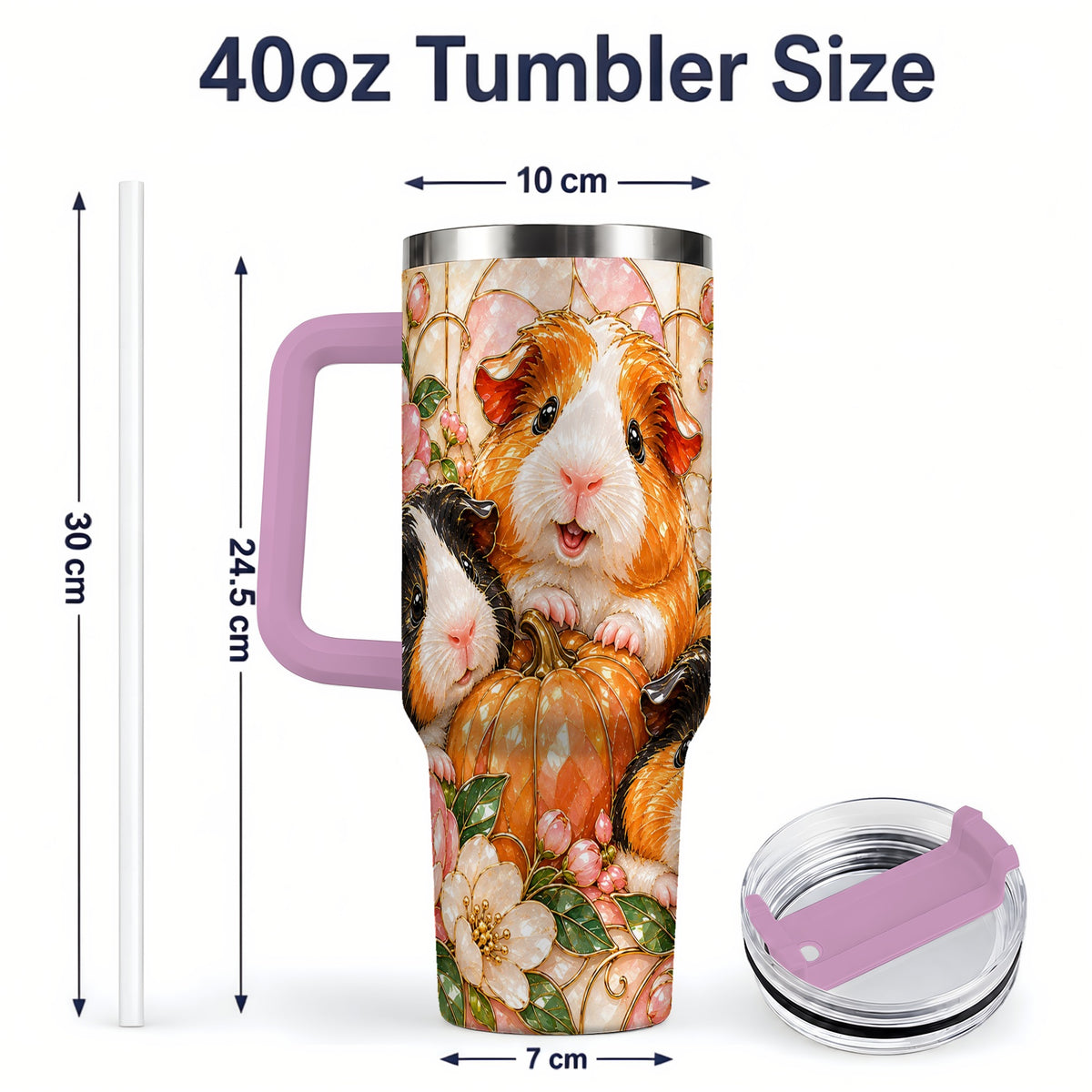 #pl[40oz|Pink] Fall Guinea Pig 40oz Tumbler, Pumpkin Floral Artwork for Pet Lovers