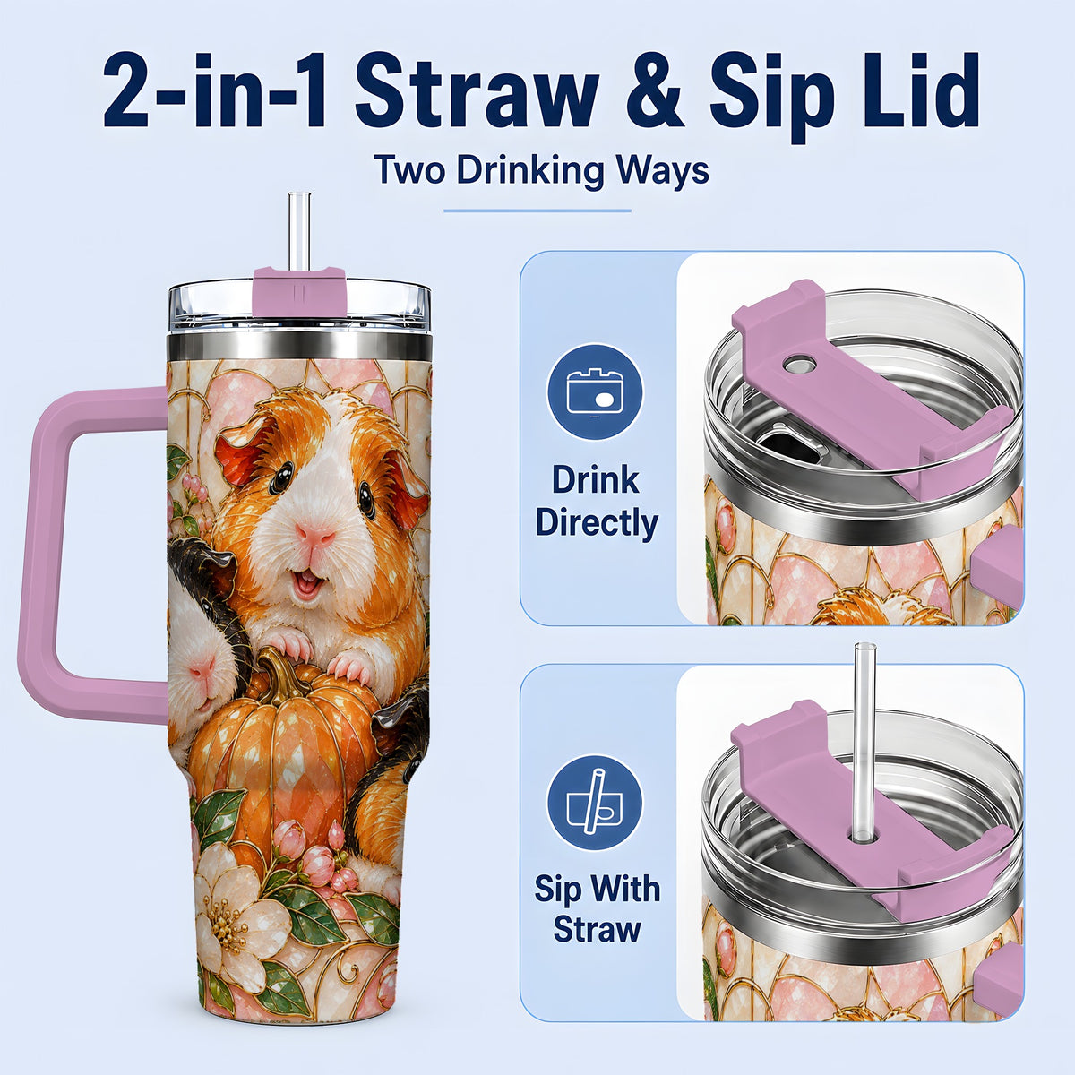 #pl[40oz|Pink] Fall Guinea Pig 40oz Tumbler, Pumpkin Floral Artwork for Pet Lovers
