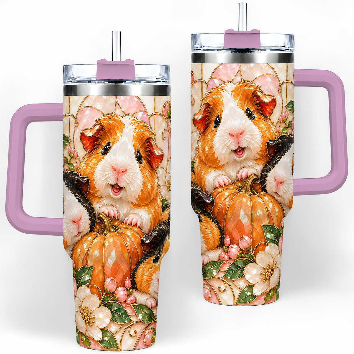 #pl[40oz|Pink] Fall Guinea Pig 40oz Tumbler, Pumpkin Floral Artwork for Pet Lovers