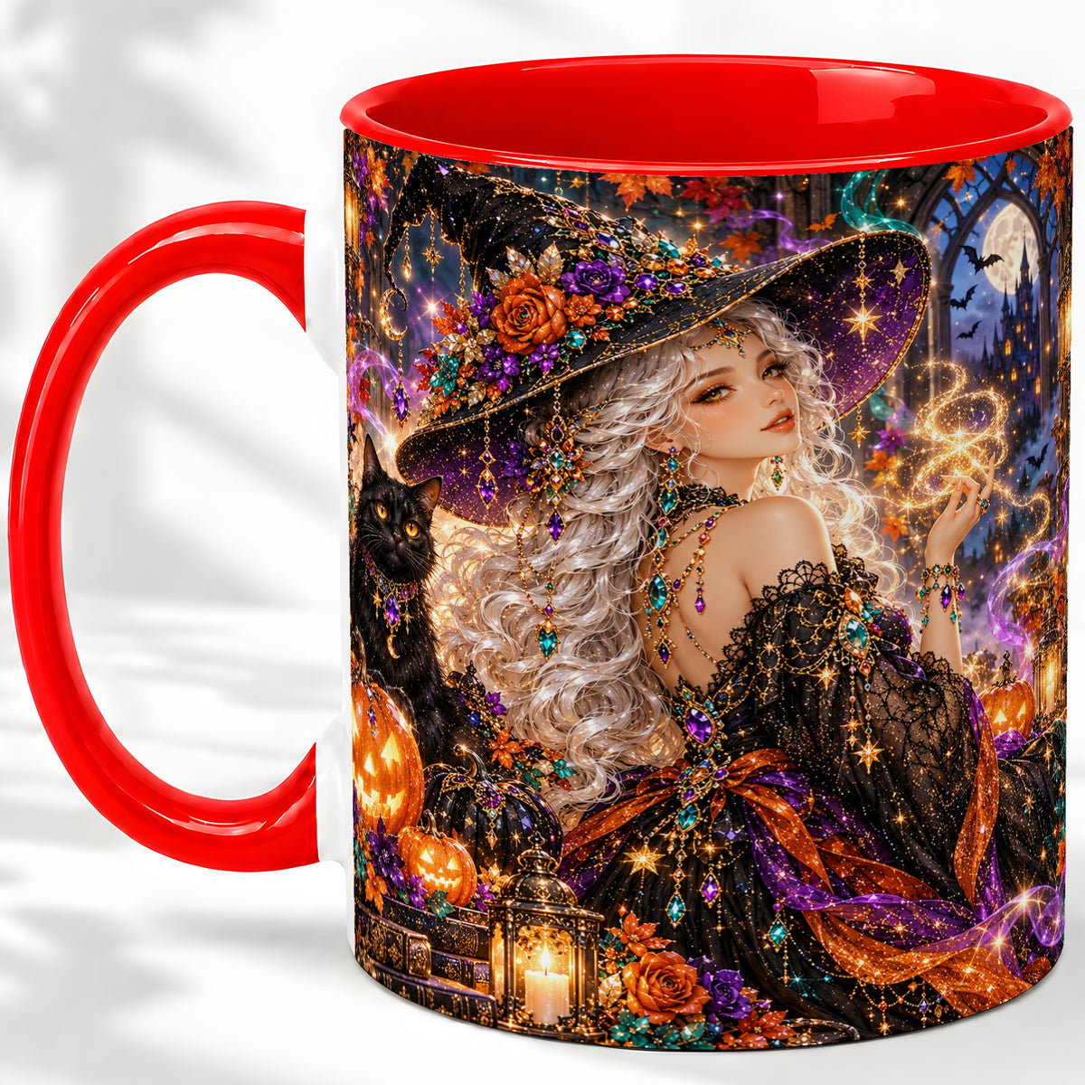 Halloween Witch Ceramic Mug with Black Cat and Pumpkin Artwork