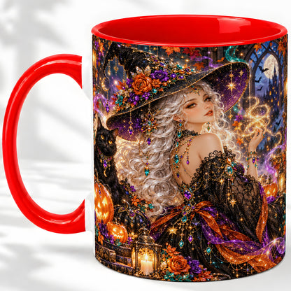 Halloween Witch Ceramic Mug with Black Cat and Pumpkin Artwork