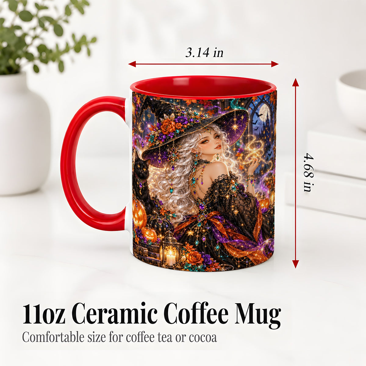 #pl[11oz|Red] Halloween Witch Ceramic Mug with Black Cat and Pumpkin Artwork